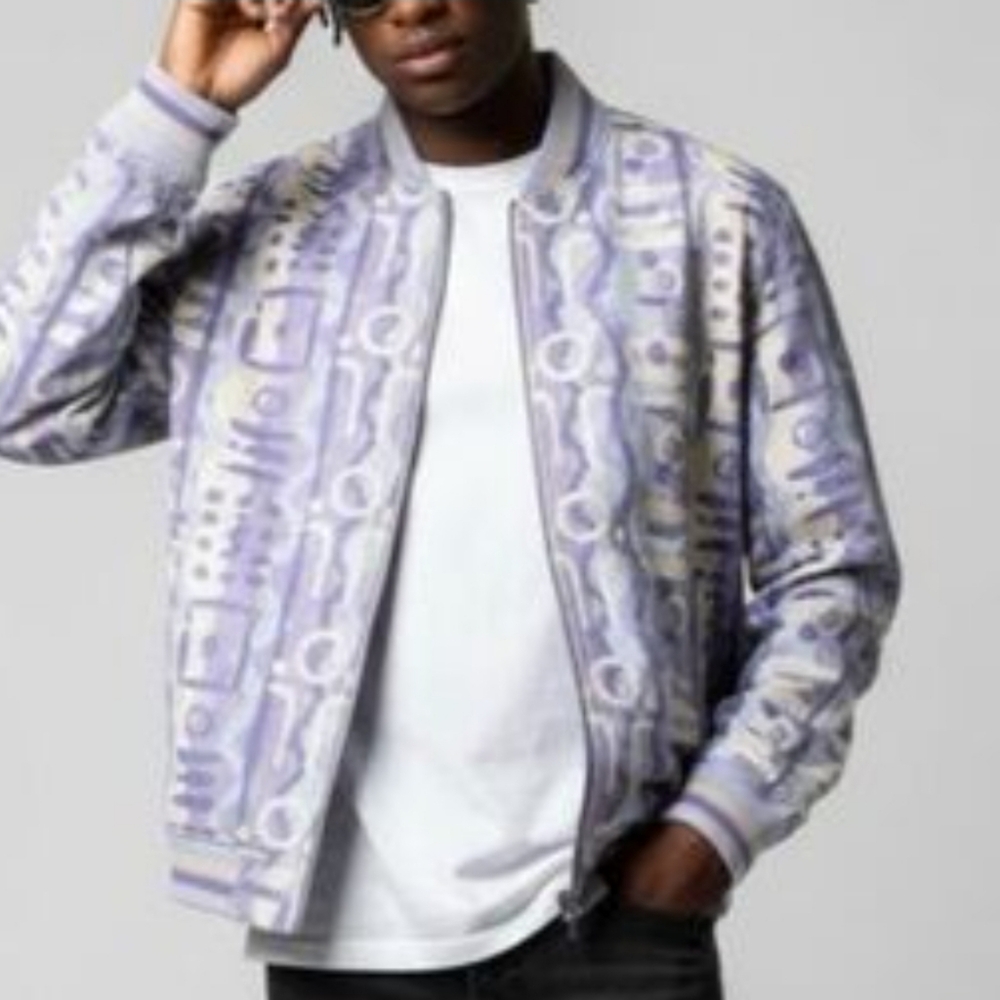 Banks Journal Studio Abdtract Print Bomber Jacket Mens Size Medium Purple White